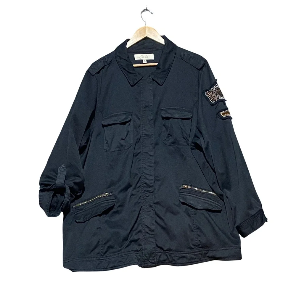Torrid Womens Black Cotton Military Field Jacket Zip Button Utility Pockets 4X